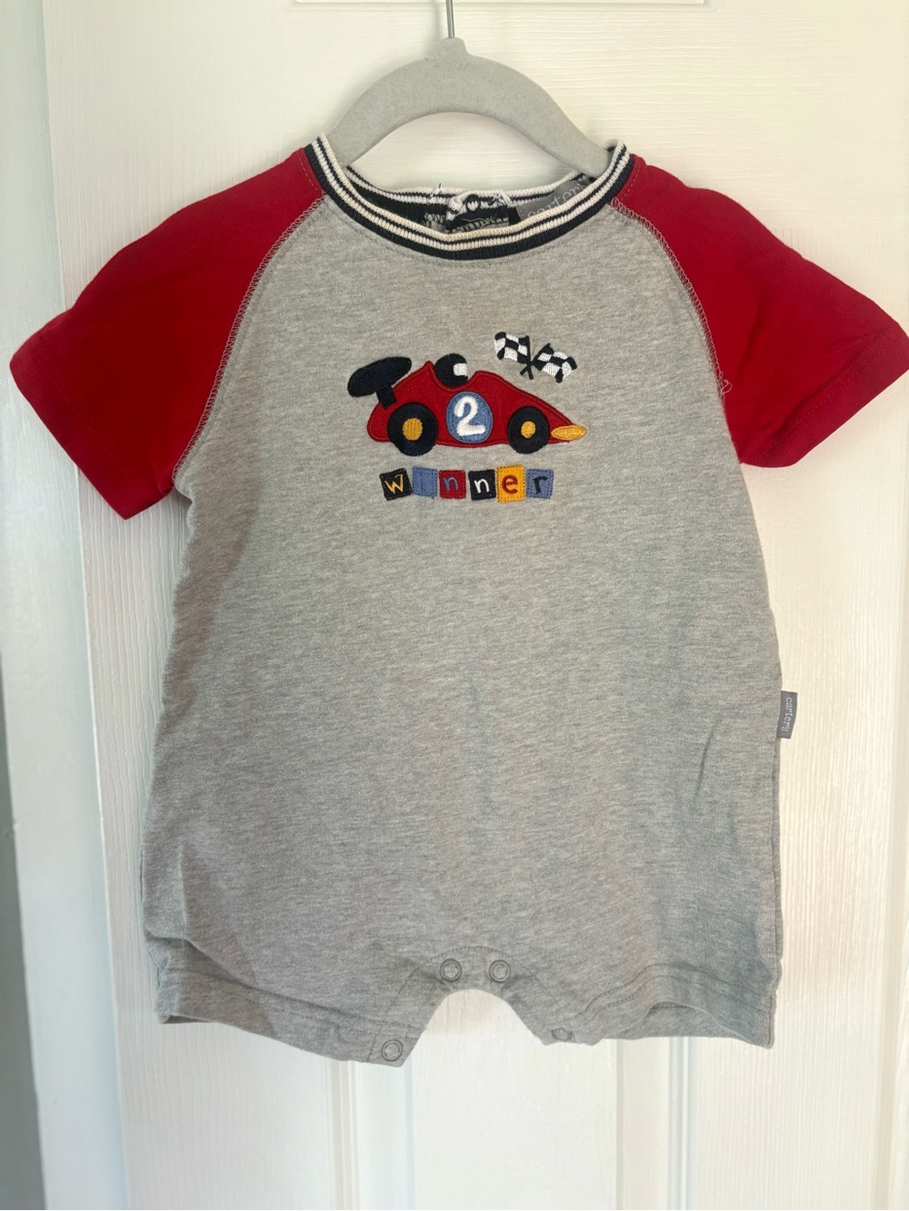 Vintage Baby Carter’s 12M Grey & Red Baby Romper with Race Car “Winner”